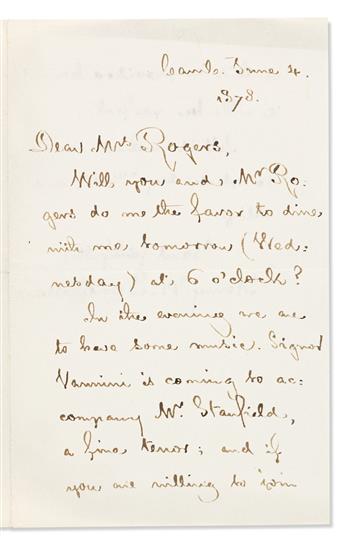 LONGFELLOW, HENRY W. Two Autograph Letters Signed, to Dear Mrs. Rogers.